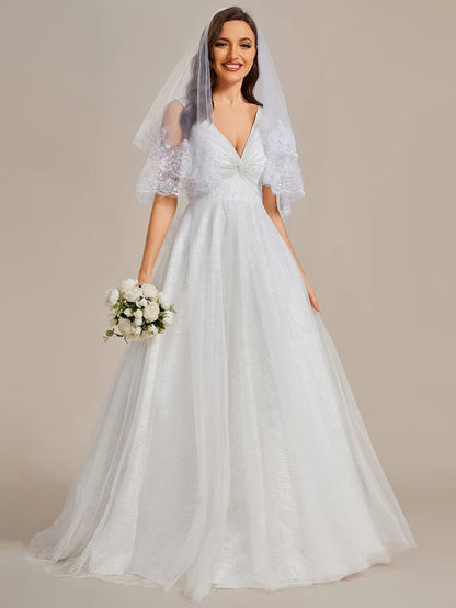 Wholesa Glittery V-Neck Twisted Tulle A-Line Wedding Dress