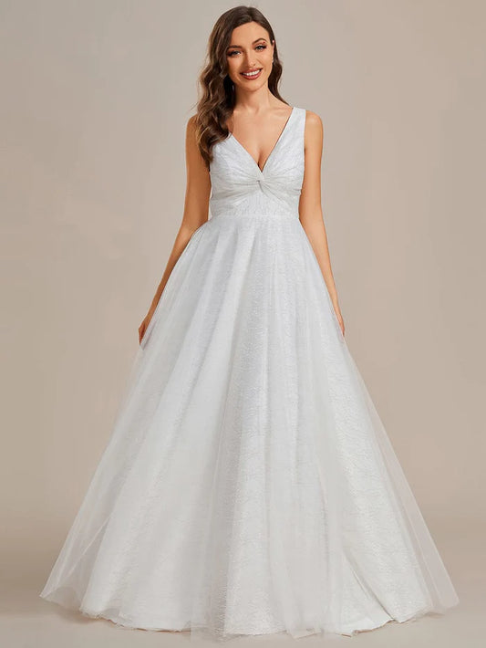 Wholesa Glittery V-Neck Twisted Tulle A-Line Wedding Dress