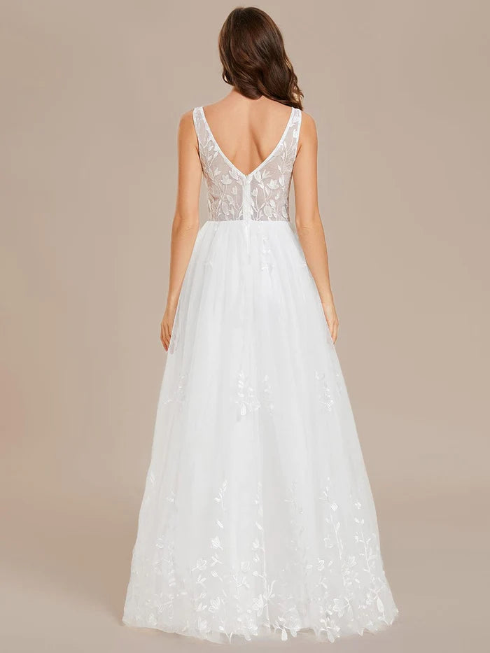 Wholesa Sleeveless V-Neck A Line Embroidered Wedding Dress