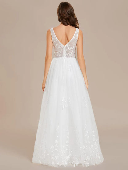 Wholesa Sleeveless V-Neck A Line Embroidered Wedding Dress