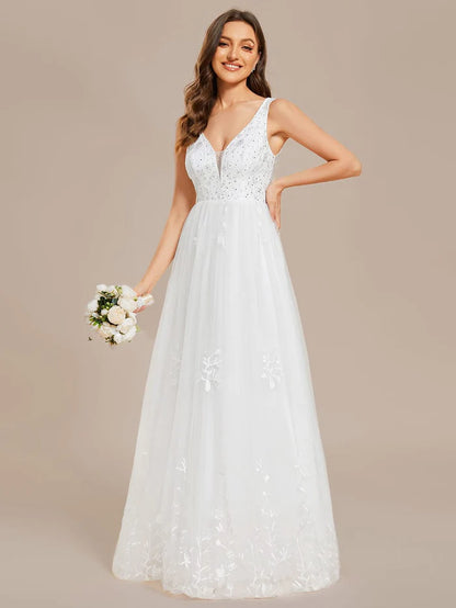 Wholesa Sleeveless V-Neck A Line Embroidered Wedding Dress