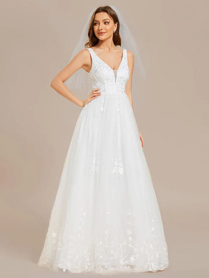 Wholesa Sleeveless V-Neck A Line Embroidered Wedding Dress