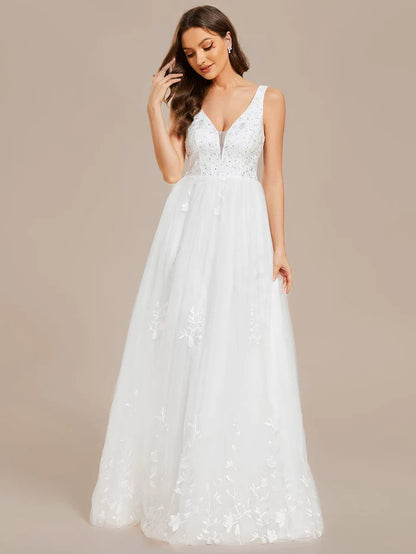 Wholesa Sleeveless V-Neck A Line Embroidered Wedding Dress