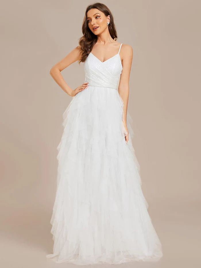 Wholesa Koutun Sparkling V-Neck Spaghetti Straps Tulle Wedding Dress