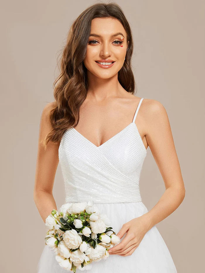 Wholesa Koutun Sparkling V-Neck Spaghetti Straps Tulle Wedding Dress