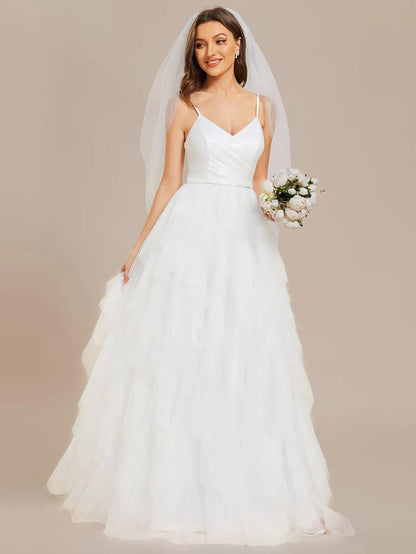 Wholesa Koutun Sparkling V-Neck Spaghetti Straps Tulle Wedding Dress