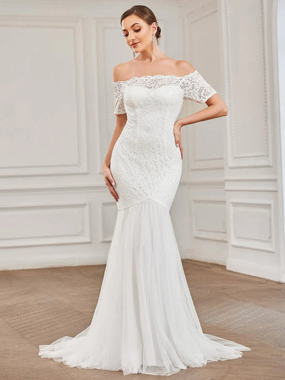 Wholesa Off the Shoulder Bodycon Fishtail Vintage Embroidered Floral Lace Wedding Dress