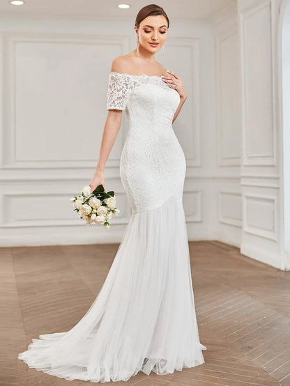 Wholesa Off the Shoulder Bodycon Fishtail Vintage Embroidered Floral Lace Wedding Dress