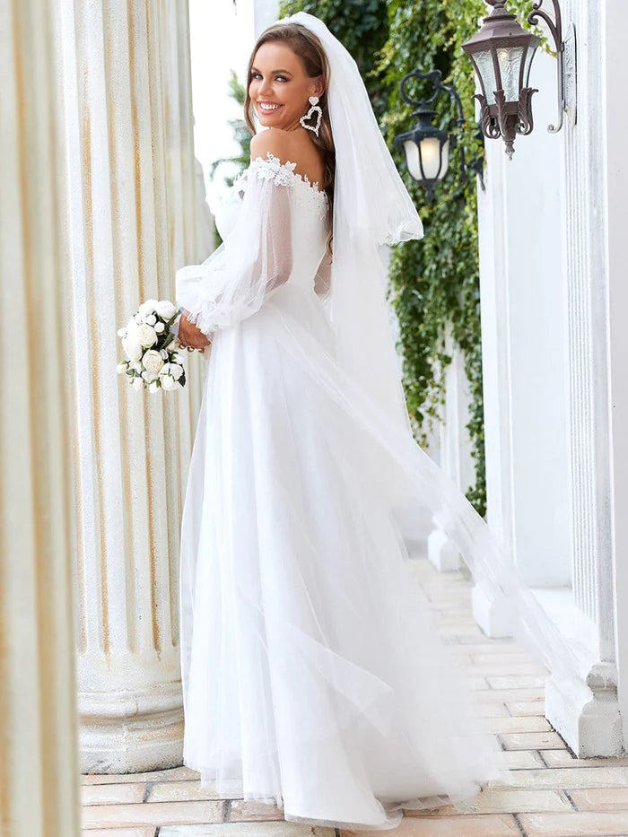 Wholesa V Neck Off Shoulder Applique wedding dress