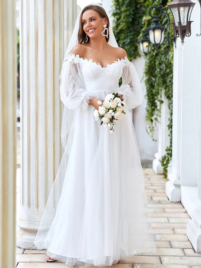 Wholesa V Neck Off Shoulder Applique wedding dress