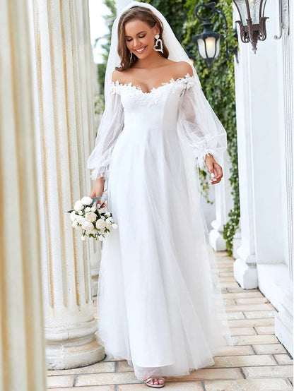 Wholesa V Neck Off Shoulder Applique wedding dress