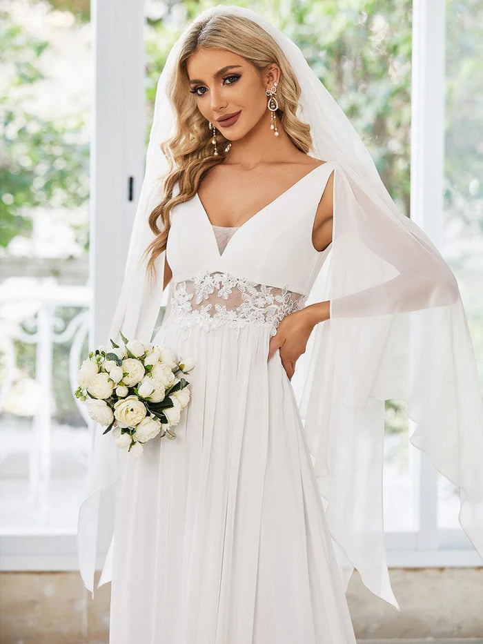 Wholesa Deep V Neck Applique Long Split Wedding Dress