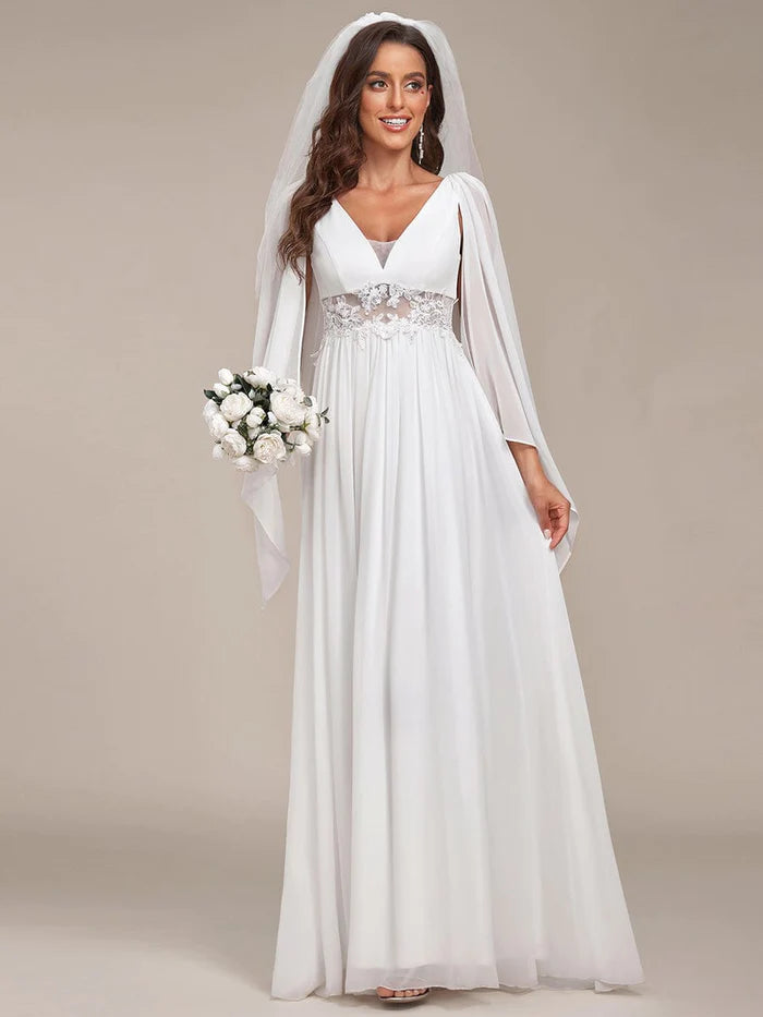 Wholesa Deep V Neck Applique Long Split Wedding Dress