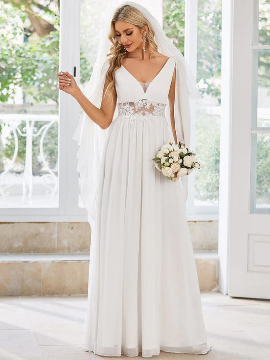 Wholesa Deep V Neck Applique Long Split Wedding Dress