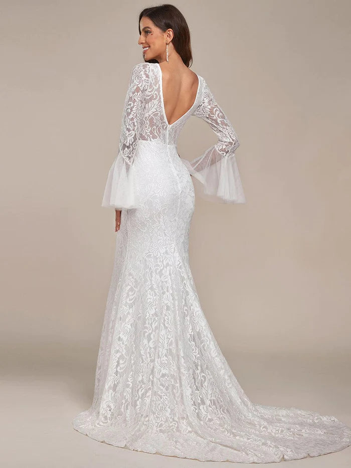 Wholesa Romantic V Back Mermaid Lace Wedding Dress