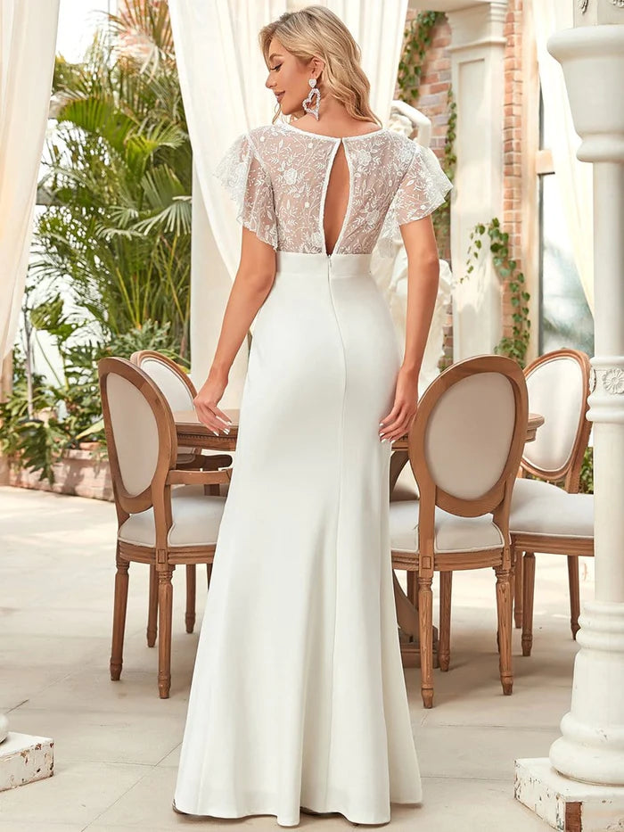 Wholesa Flutter Sleeve Sweetheart Fit and Flare Wedding Dress