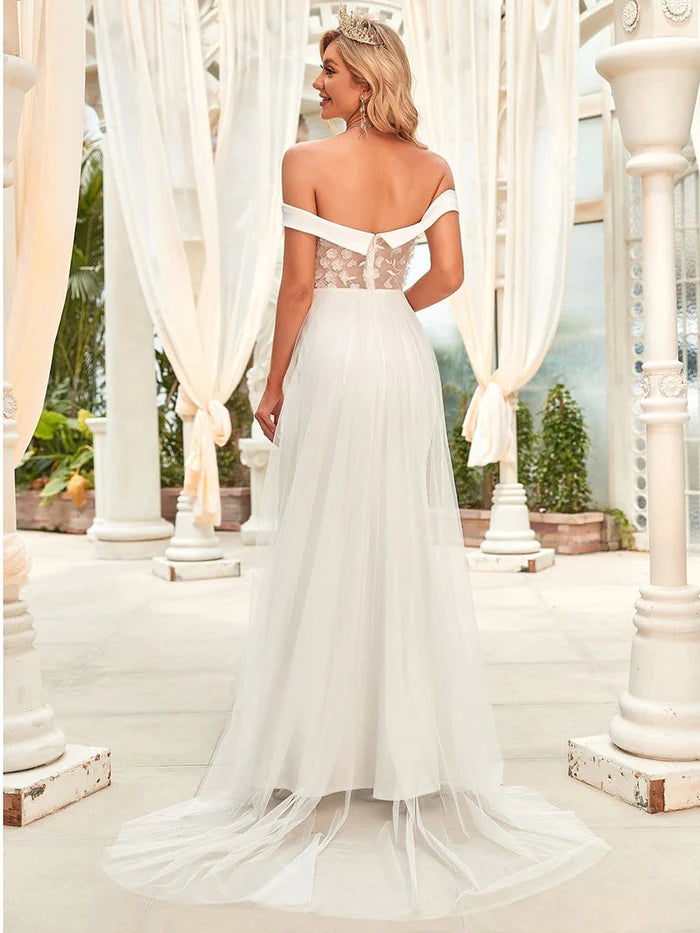 Wholesa Off Shoulder Applique Fit and Flare Wedding Dress