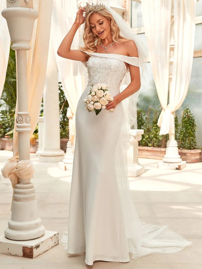 Wholesa Off Shoulder Applique Fit and Flare Wedding Dress