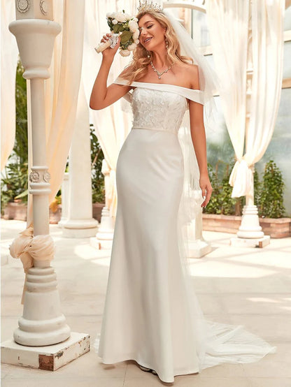 Wholesa Off Shoulder Applique Fit and Flare Wedding Dress