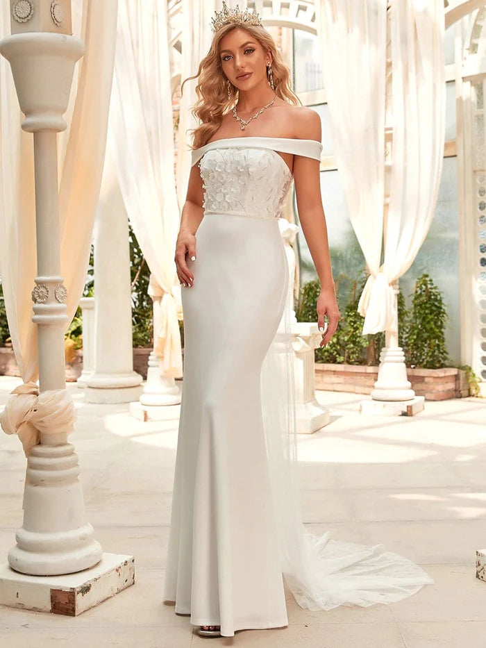 Wholesa Off Shoulder Applique Fit and Flare Wedding Dress