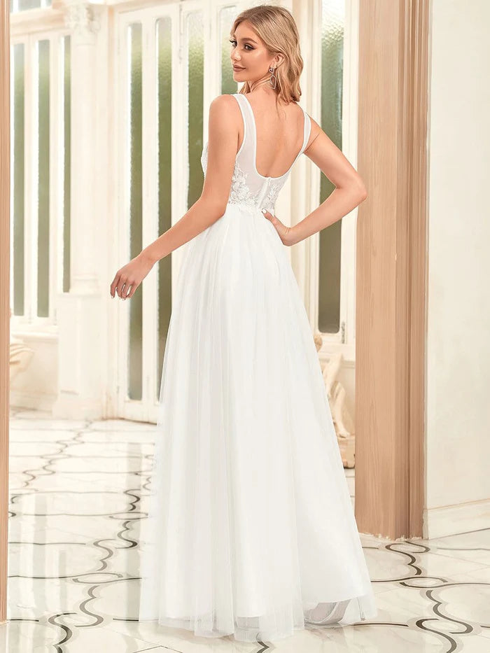 Wholesa Sleeveless Applique Low Back Floor Length Wedding Dress