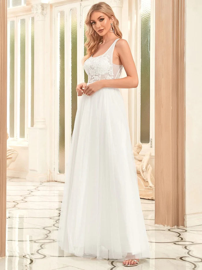 Wholesa Sleeveless Applique Low Back Floor Length Wedding Dress