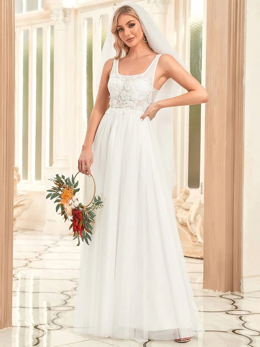 Wholesa Sleeveless Applique Low Back Floor Length Wedding Dress