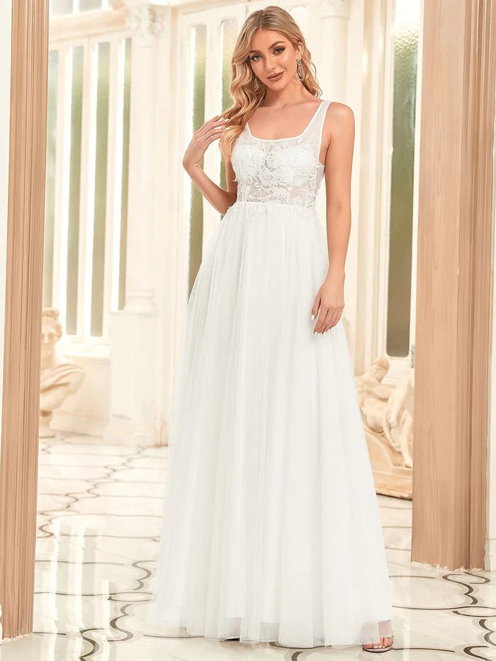 Wholesa Sleeveless Applique Low Back Floor Length Wedding Dress