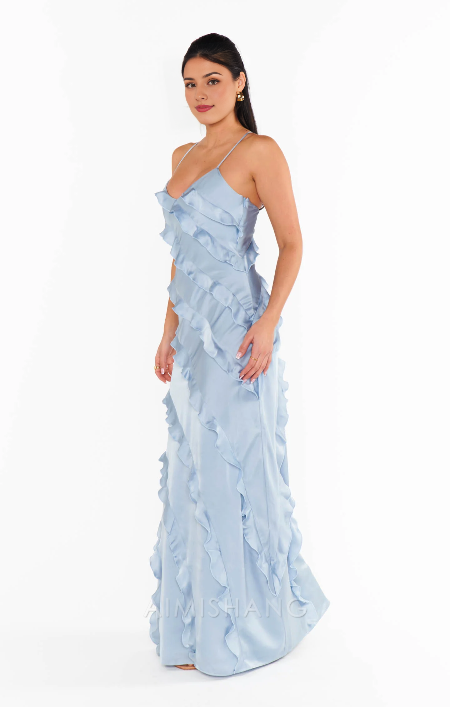 Aimishang Romance Ruffle Dress Blue Long Prom Dress Charming Evening Party Dress Formal Dress