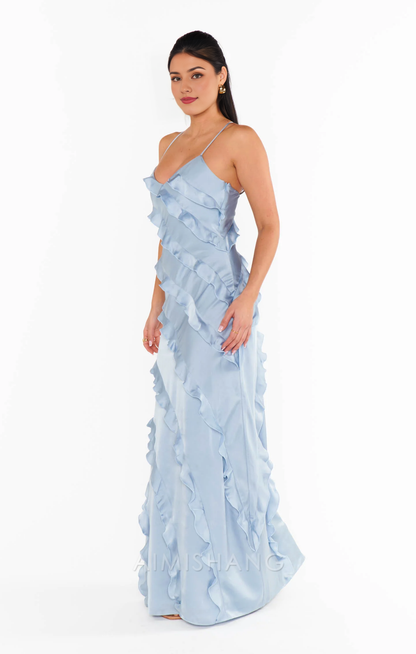 Aimishang Romance Ruffle Dress Blue Long Prom Dress Charming Evening Party Dress Formal Dress