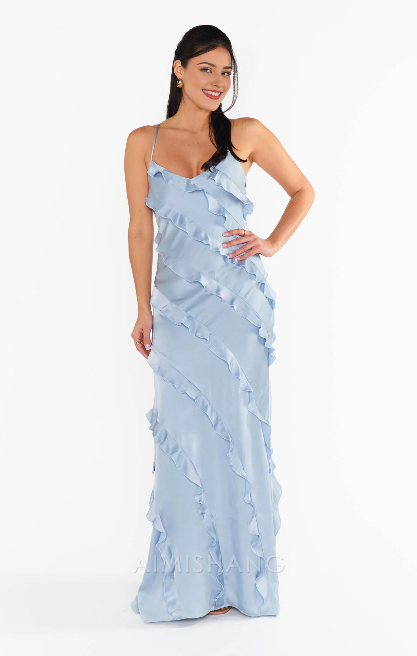 Aimishang Romance Ruffle Dress Blue Long Prom Dress Charming Evening Party Dress Formal Dress