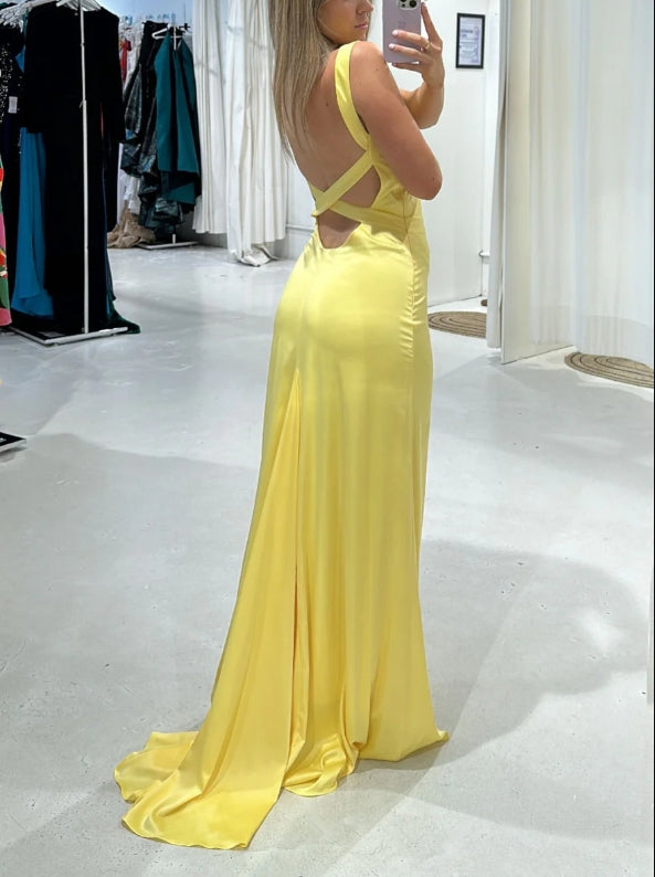 Aimishang Simple Straps Yellow V-neck Backless Long Prom Dress Charming Evening Party Dress Formal Dress