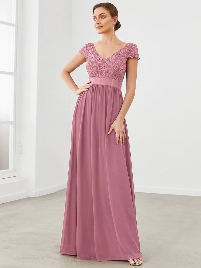 Wholesa Lace Short Sleeve Maxi Mother of the Bride Dress