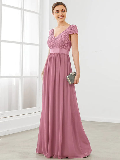 Wholesa Lace Short Sleeve Maxi Mother of the Bride Dress