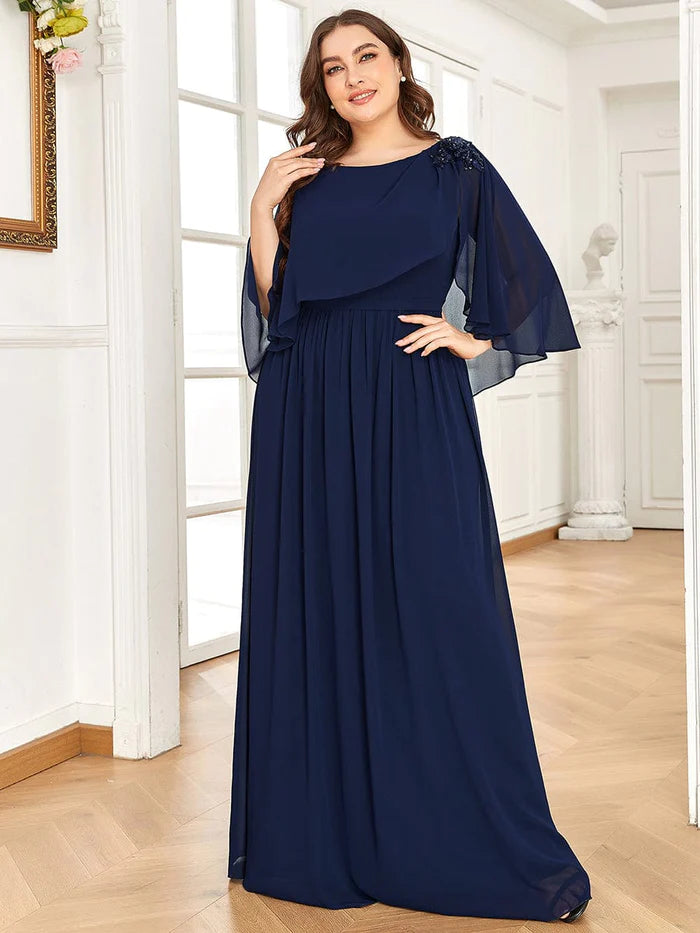 Wholesa Sheer Bell Sleeve Capelet Maxi Mother of the Bride Dress