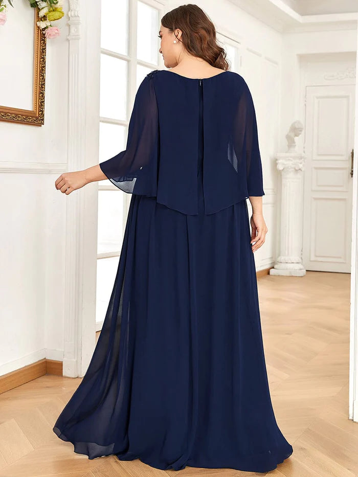 Wholesa Sheer Bell Sleeve Capelet Maxi Mother of the Bride Dress