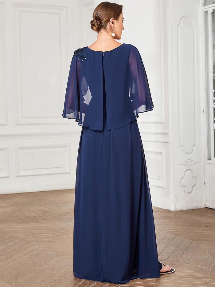 Wholesa Sheer Bell Sleeve Capelet Maxi Mother of the Bride Dress