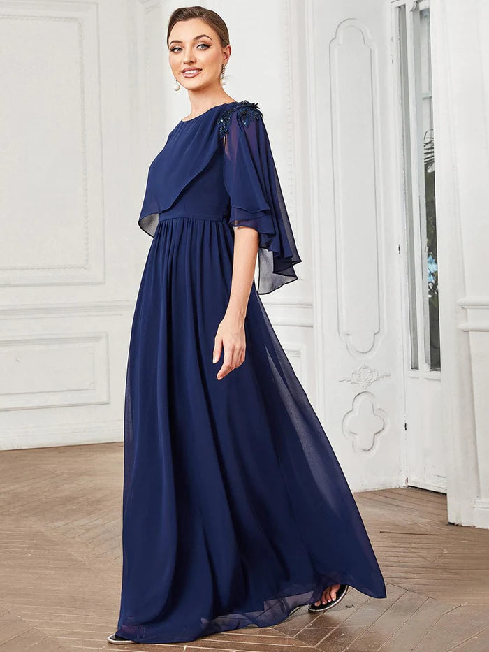 Wholesa Sheer Bell Sleeve Capelet Maxi Mother of the Bride Dress