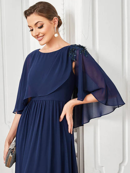 Wholesa Sheer Bell Sleeve Capelet Maxi Mother of the Bride Dress