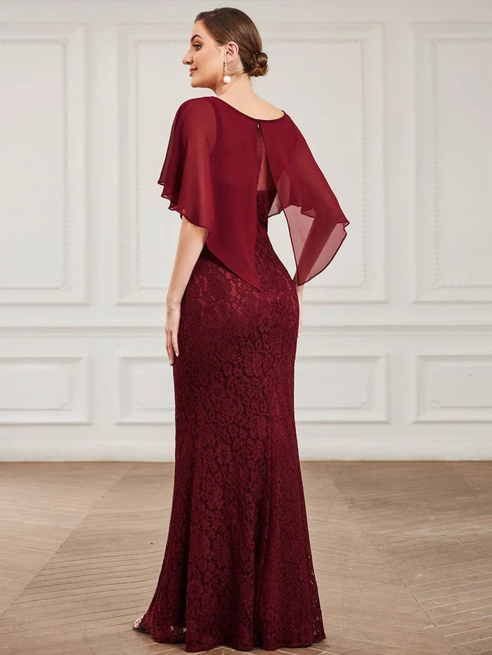 Wholesa Elegant Capelet Lace Fit and Flare Mother of the Bride Dress