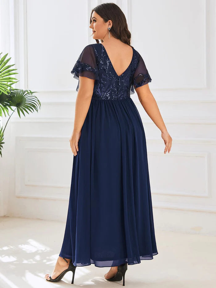 Wholesa Short Sleeve V-Neck Sequin Chiffon A-Line Mother of the Bride Dress