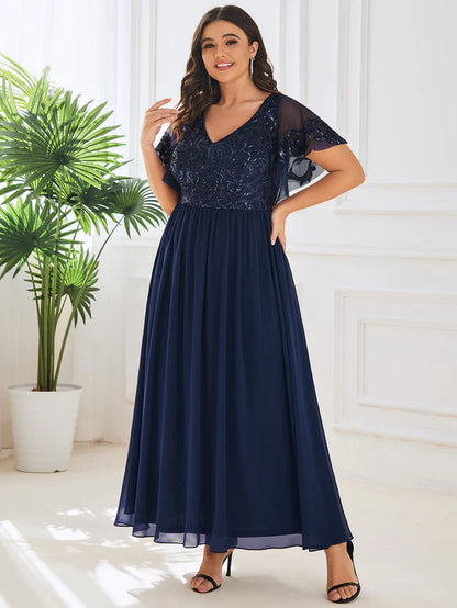 Wholesa Short Sleeve V-Neck Sequin Chiffon A-Line Mother of the Bride Dress