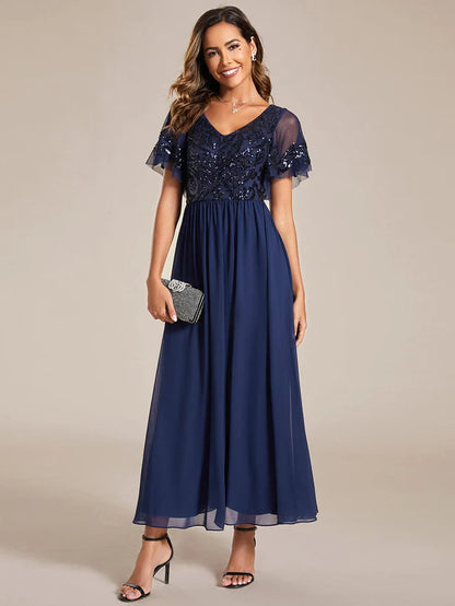 Wholesa Short Sleeve V-Neck Sequin Chiffon A-Line Mother of the Bride Dress