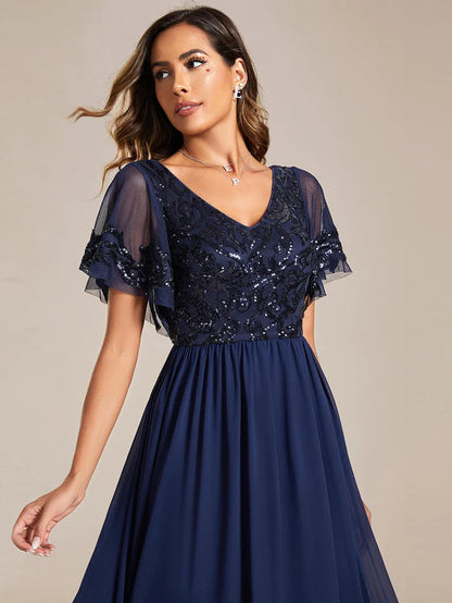 Wholesa Short Sleeve V-Neck Sequin Chiffon A-Line Mother of the Bride Dress