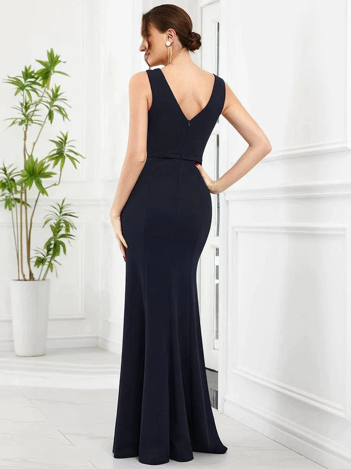 Wholesa V-Neck Beaded Sleeveless Column Mother of the Bride Dress