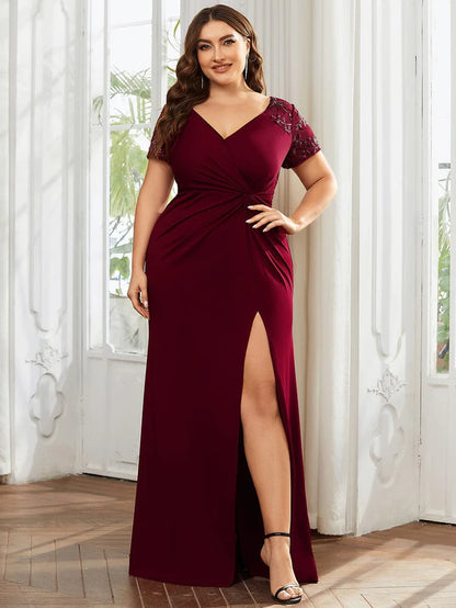 Wholesa Short Sequin Sleeve V-Neck Front Slit Mother of the Bride Dress