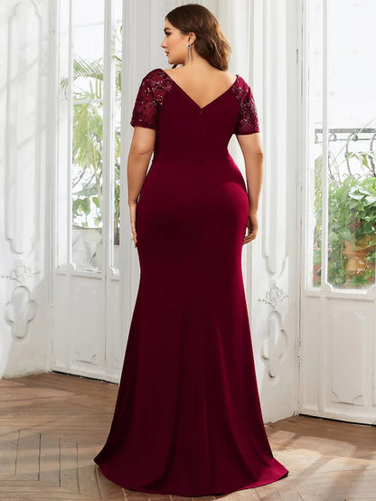 Wholesa Short Sequin Sleeve V-Neck Front Slit Mother of the Bride Dress