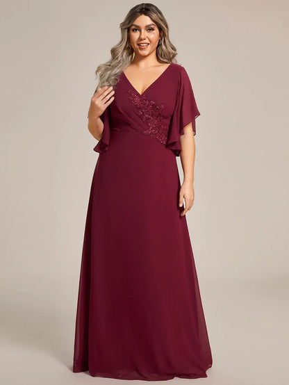 Wholesa Graceful Plus Size A-line Ruffles Sleeve Chiffon Mother of the Bride Dress with Applique