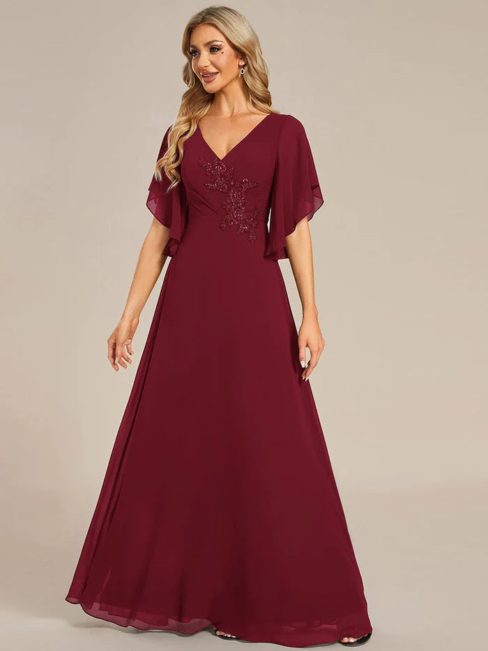 Wholesa Half Sleeves Top Applique Decoration Chiffon Mother of the Bride Dress