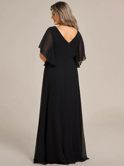 Wholesa Graceful Plus Size A-line Ruffles Sleeve Chiffon Mother of the Bride Dress with Applique